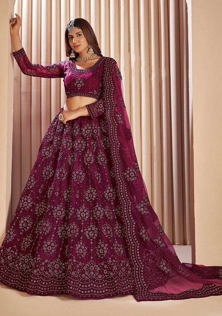 Burgundy Emboridered Blended Lehenga Choli - Indya