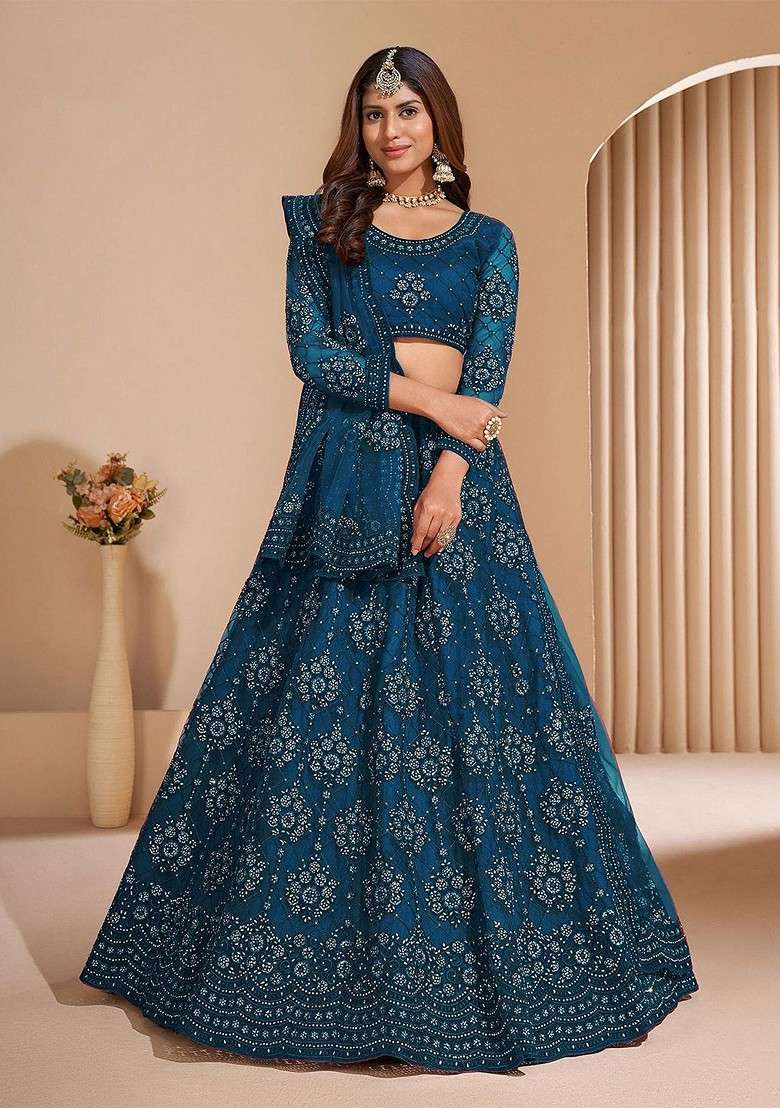 Teal Emboridered Blended Lehenga Choli - Indya