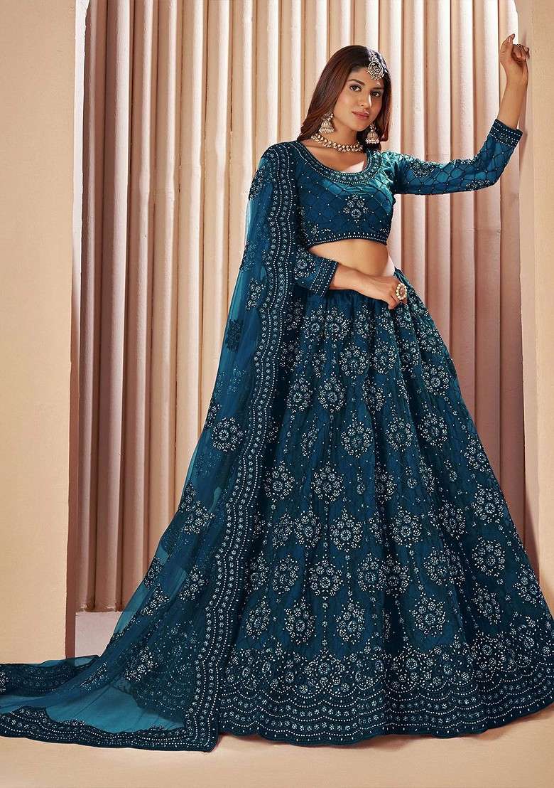 Teal Emboridered Blended Lehenga Choli - Indya