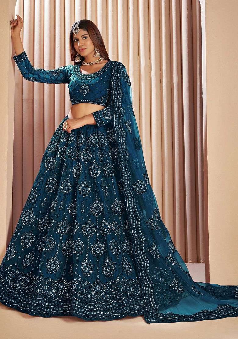 Teal Emboridered Blended Lehenga Choli - Indya