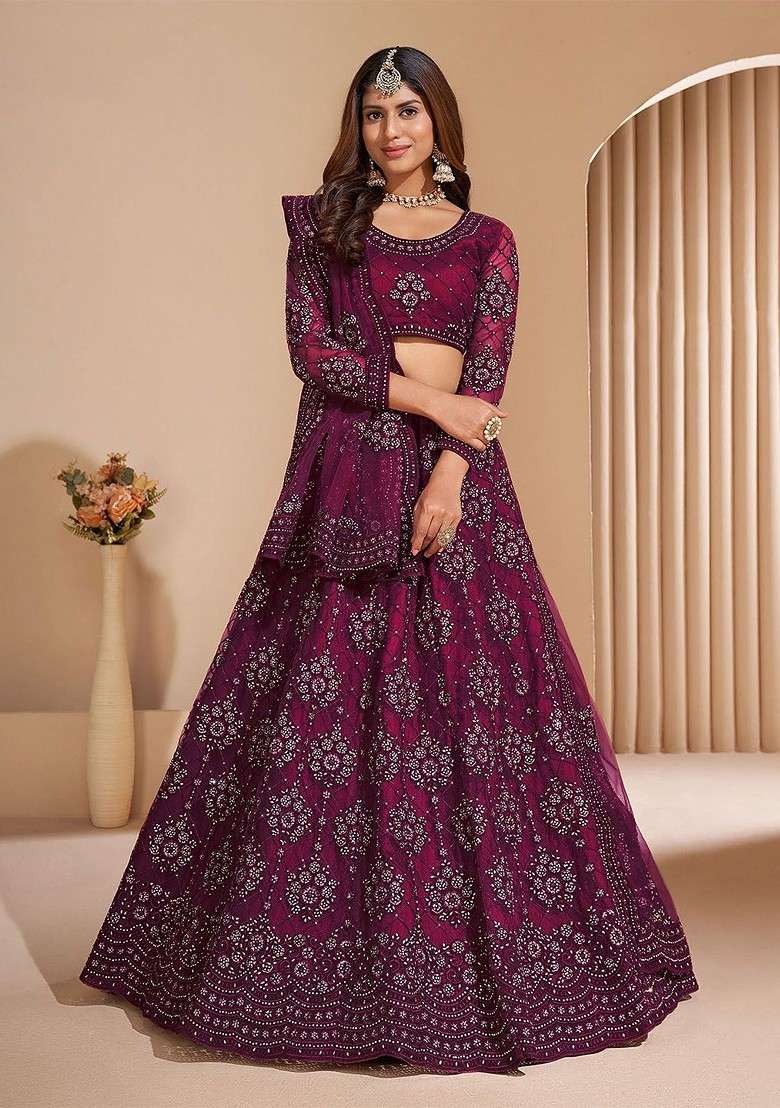 Burgundy Emboridered Blended Lehenga Choli - Indya