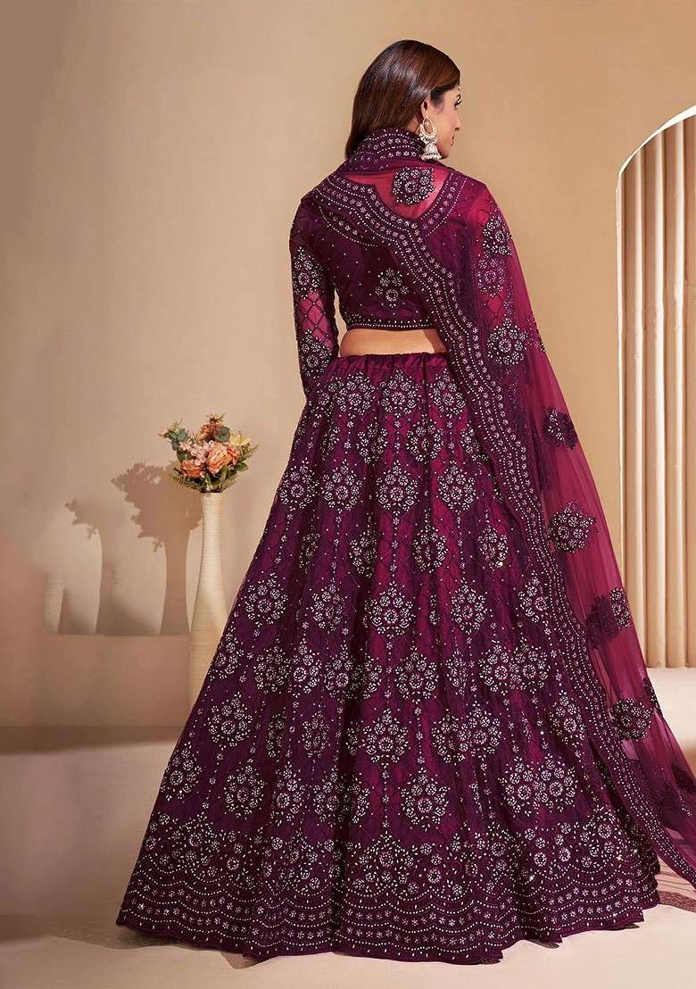 Burgundy Emboridered Blended Lehenga Choli - Indya