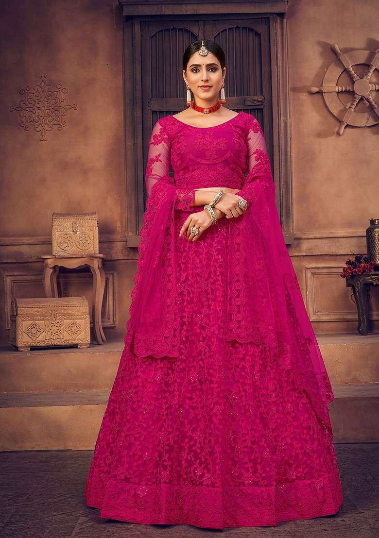 Pink Emboridered Blended Lehenga Choli - Indya