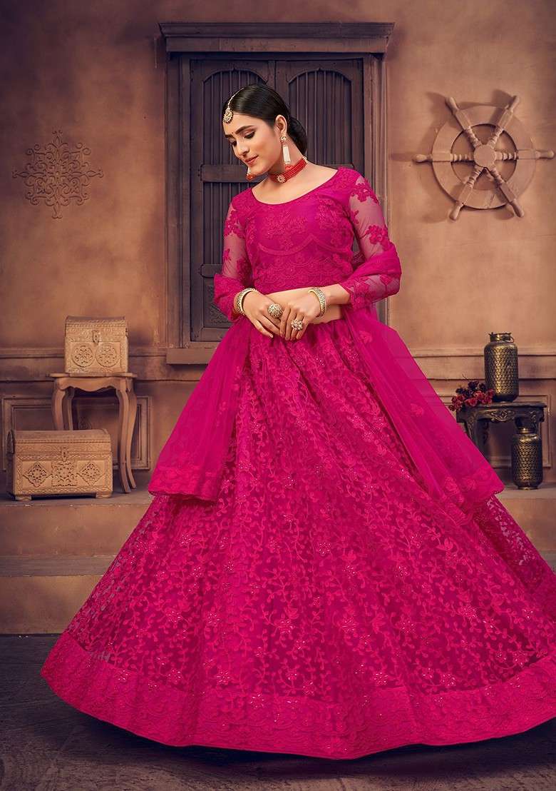 Pink Emboridered Blended Lehenga Choli - Indya