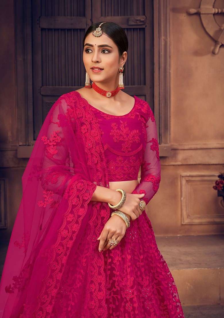 Pink Emboridered Blended Lehenga Choli - Indya