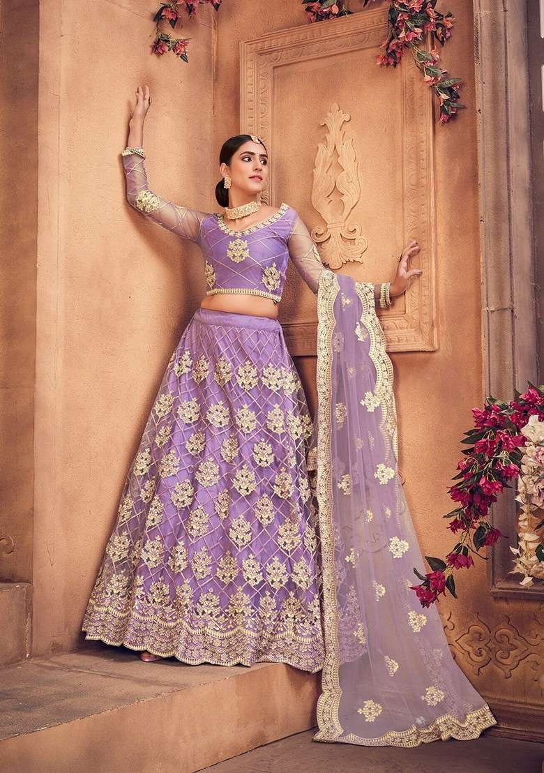 Purple Emboridered Blended Lehenga Choli - Indya