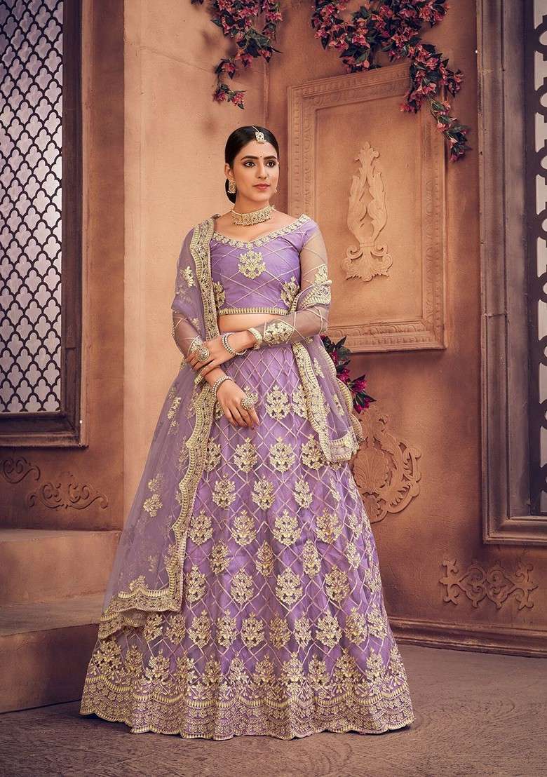Purple Emboridered Blended Lehenga Choli - Indya