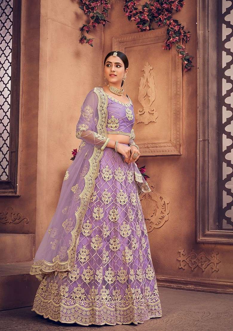 Purple Emboridered Blended Lehenga Choli - Indya