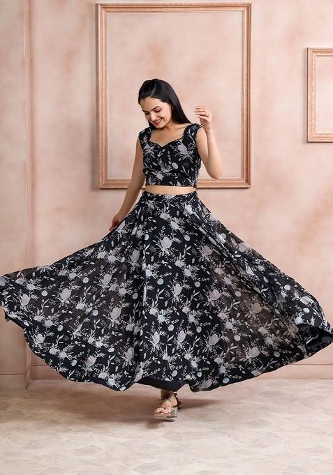 Black Printed Blended Lehenga Choli