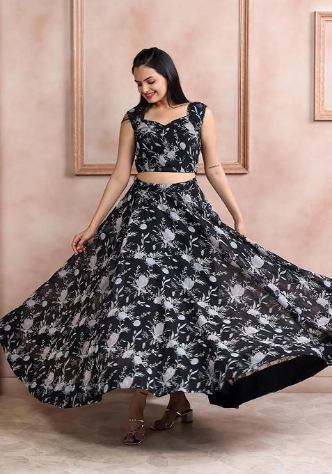 Black Printed Blended Lehenga Choli