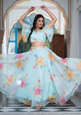 Blue Printed Blended Lehenga Choli