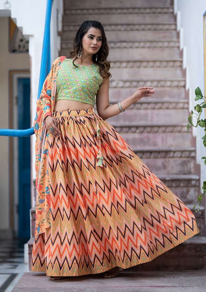 Orange Printed Blended Lehenga Choli - Indya