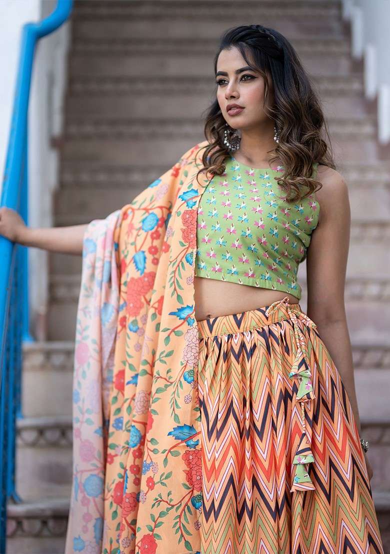 Orange Printed Blended Lehenga Choli - Indya