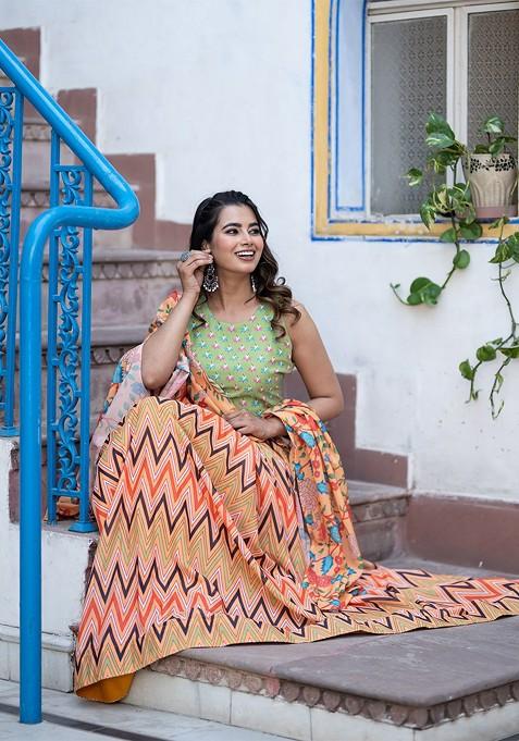 Orange Printed Blended Lehenga Choli — view on Indya
