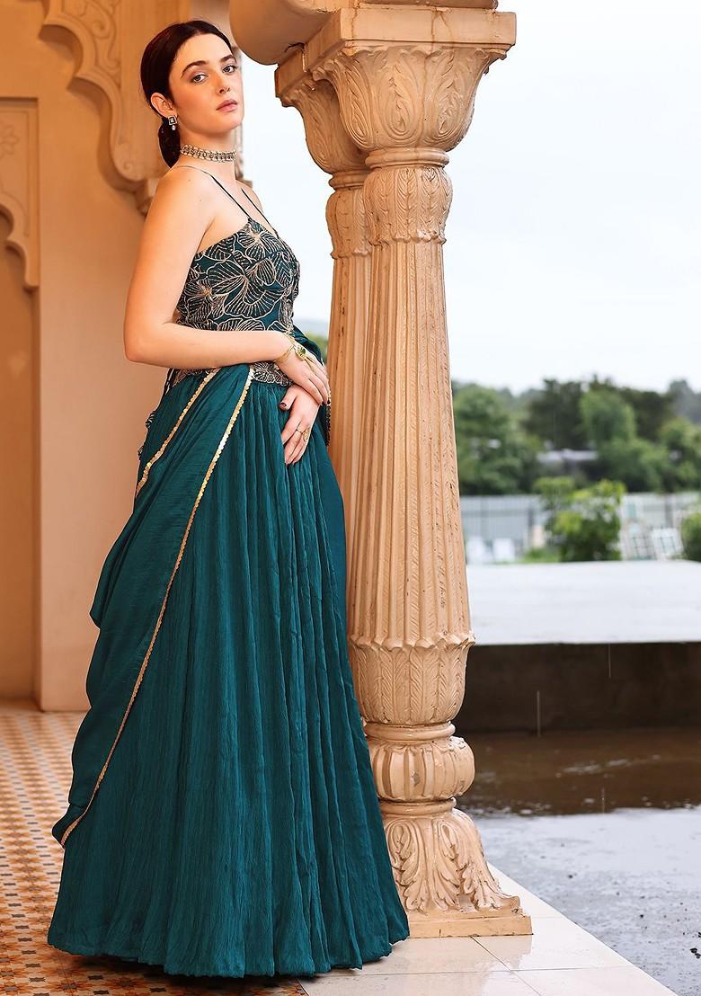 Teal Emboridered Blended Lehenga Choli - Indya