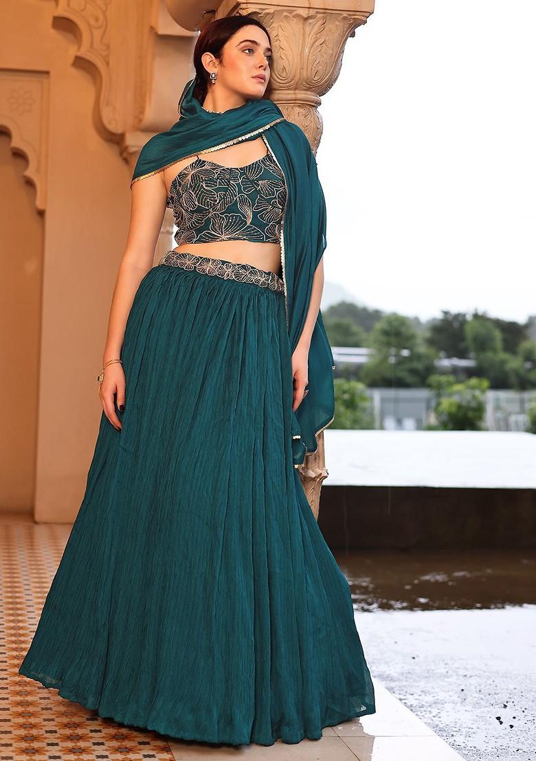 Teal Emboridered Blended Lehenga Choli - Indya