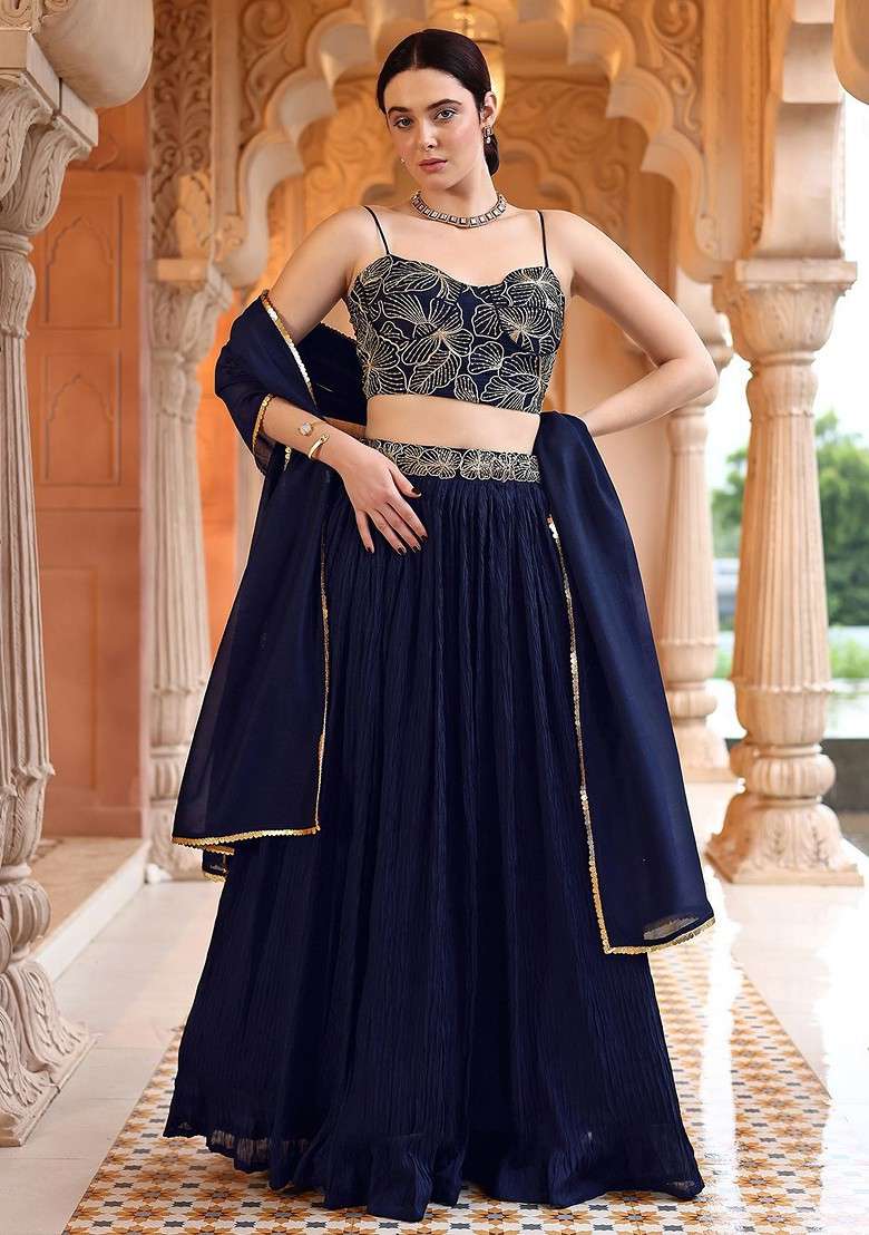 Navy Blue Emboridered Blended Lehenga Choli - Indya