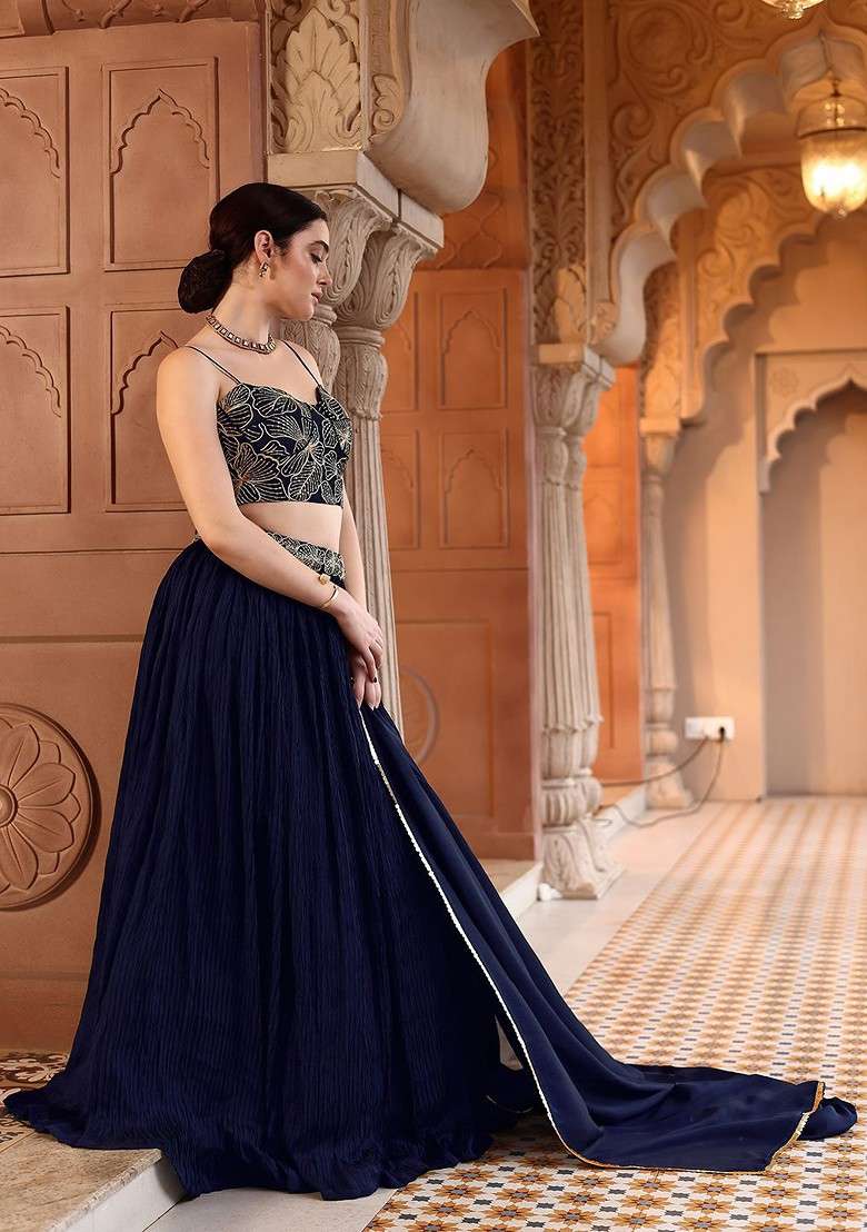 Navy Blue Emboridered Blended Lehenga Choli - Indya