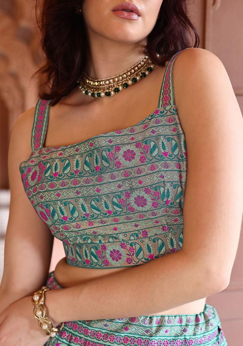 Sea Green Emboridered Blended Lehenga Choli - Indya