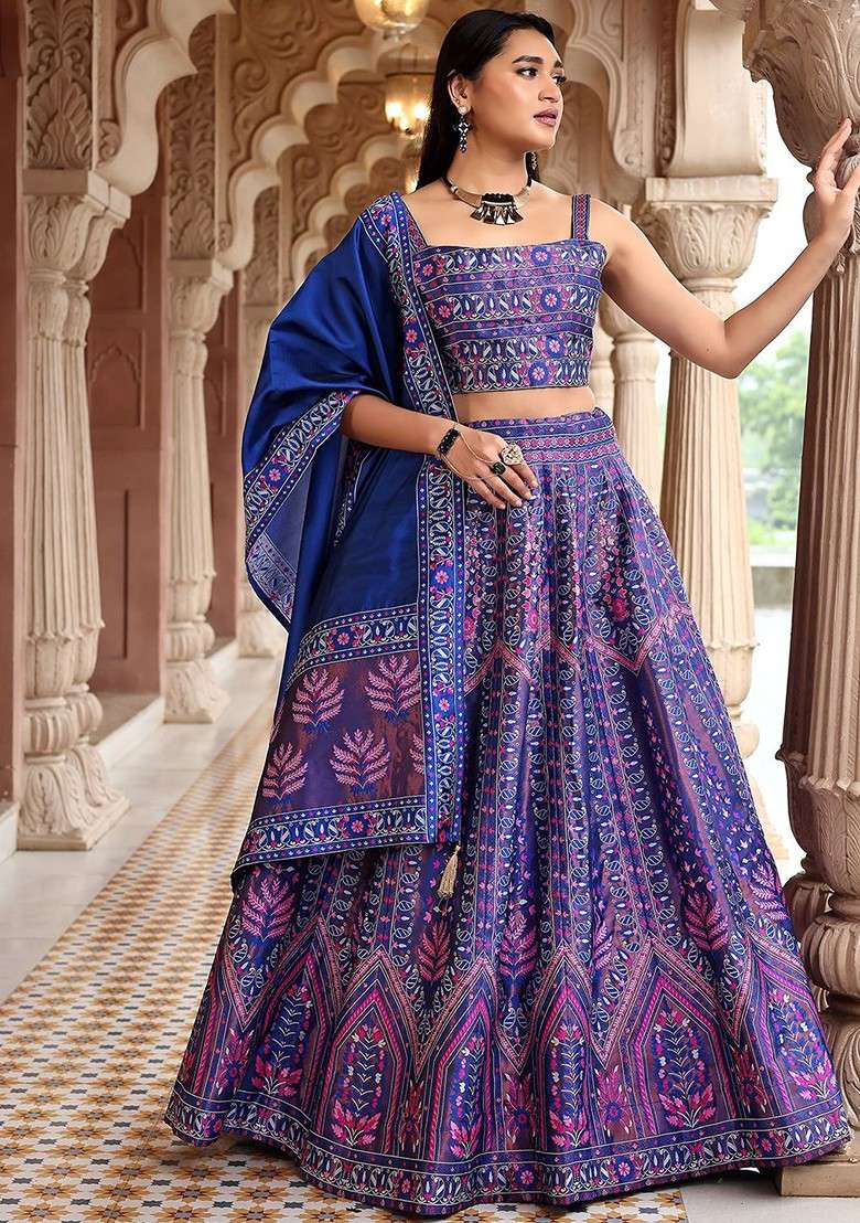 Blue Emboridered Blended Lehenga Choli - Indya