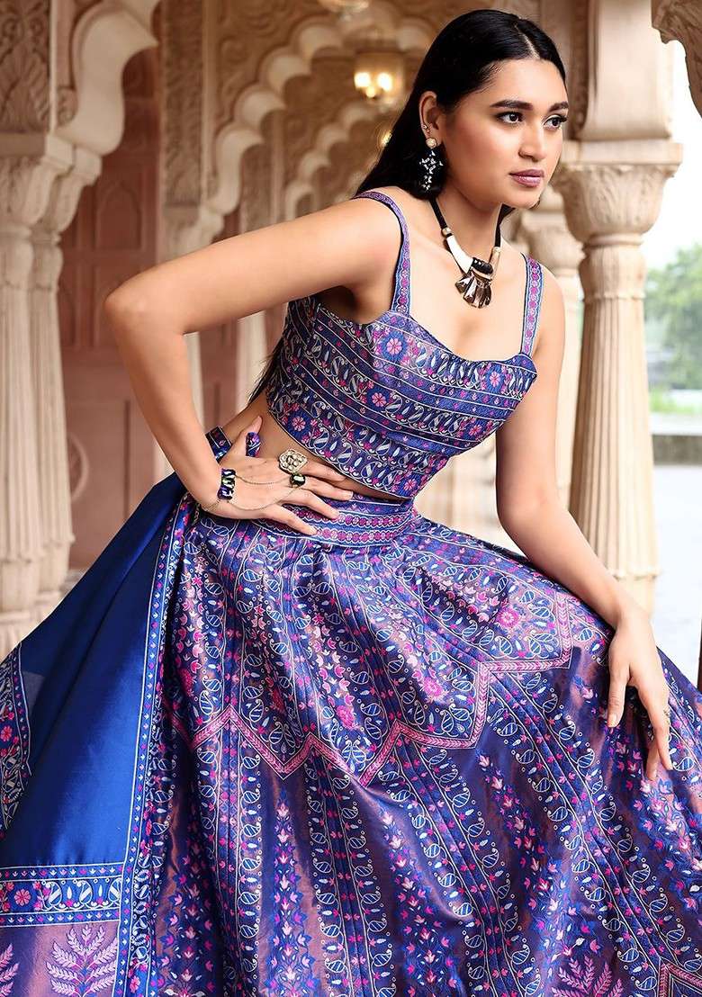 Blue Emboridered Blended Lehenga Choli - Indya