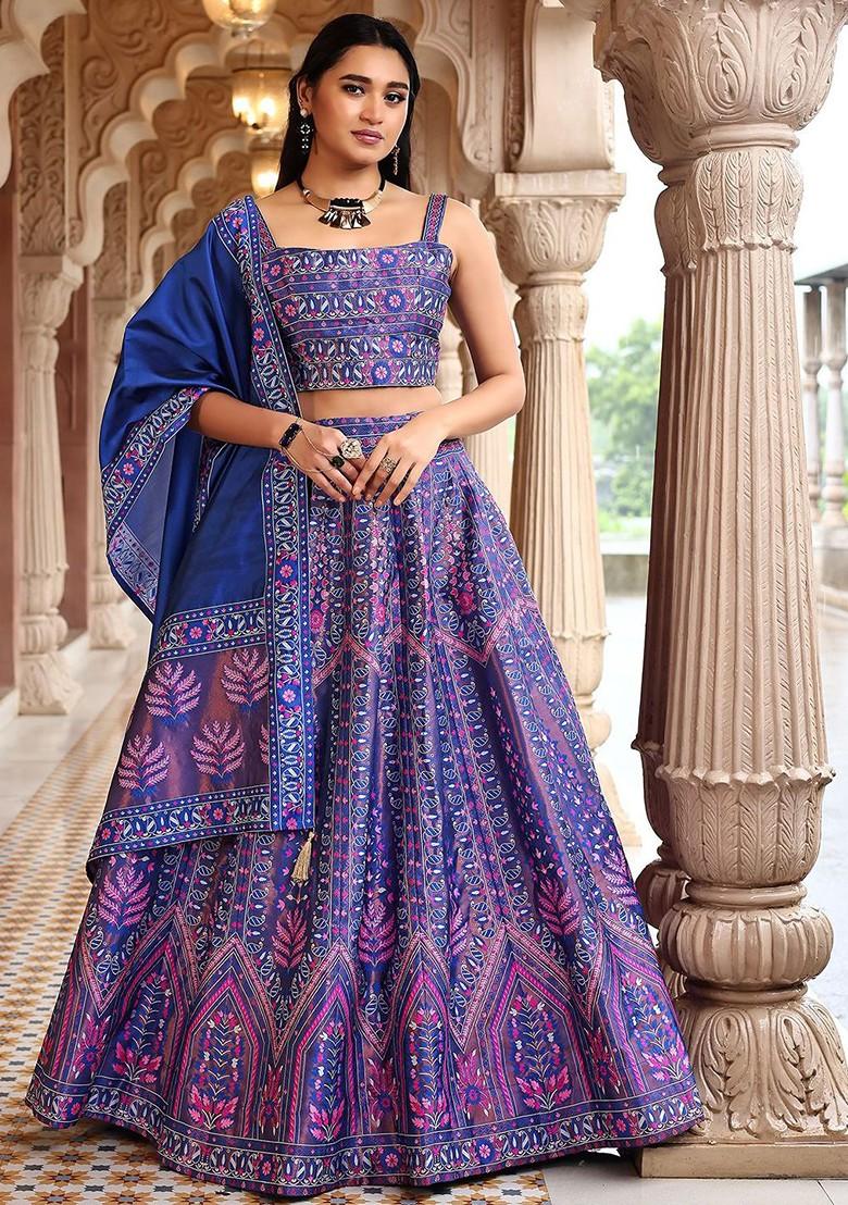 Blue Emboridered Blended Lehenga Choli - Indya