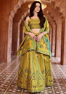 Lime Green Emboridered Blended Lehenga Choli