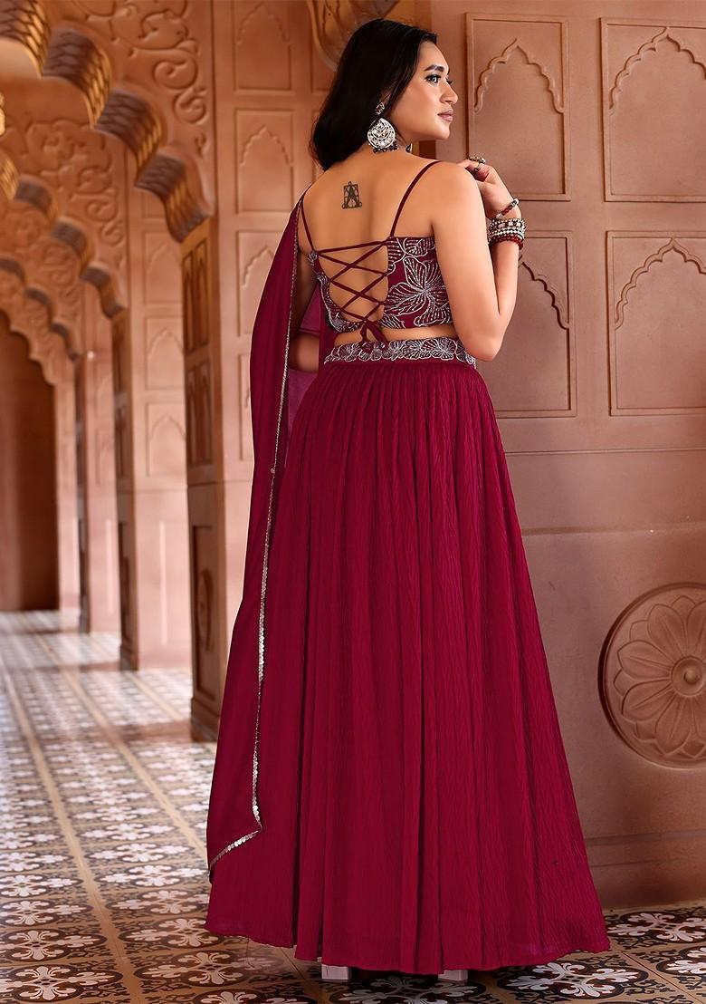 Red Emboridered Blended Lehenga Choli - Indya