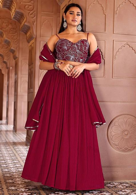 Red Emboridered Blended Lehenga Choli — view on Indya