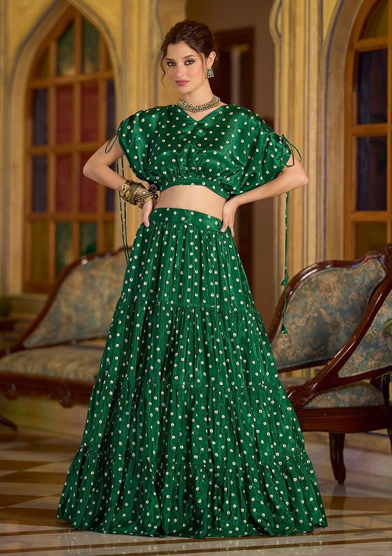 Green Printed Blended Lehenga Choli - Indya