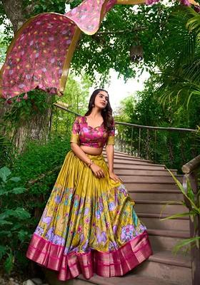 Mustard Printed Blended Lehenga Choli