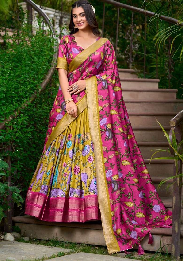 Mustard Printed Blended Lehenga Choli - Indya
