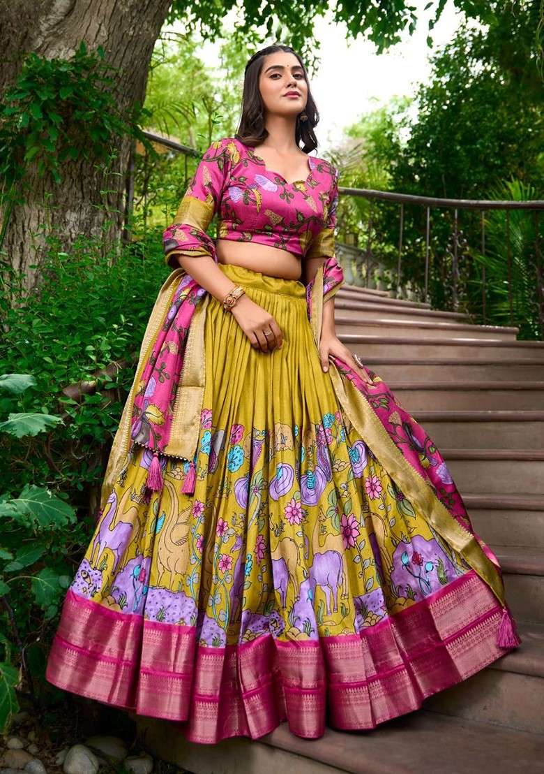 Mustard Printed Blended Lehenga Choli - Indya