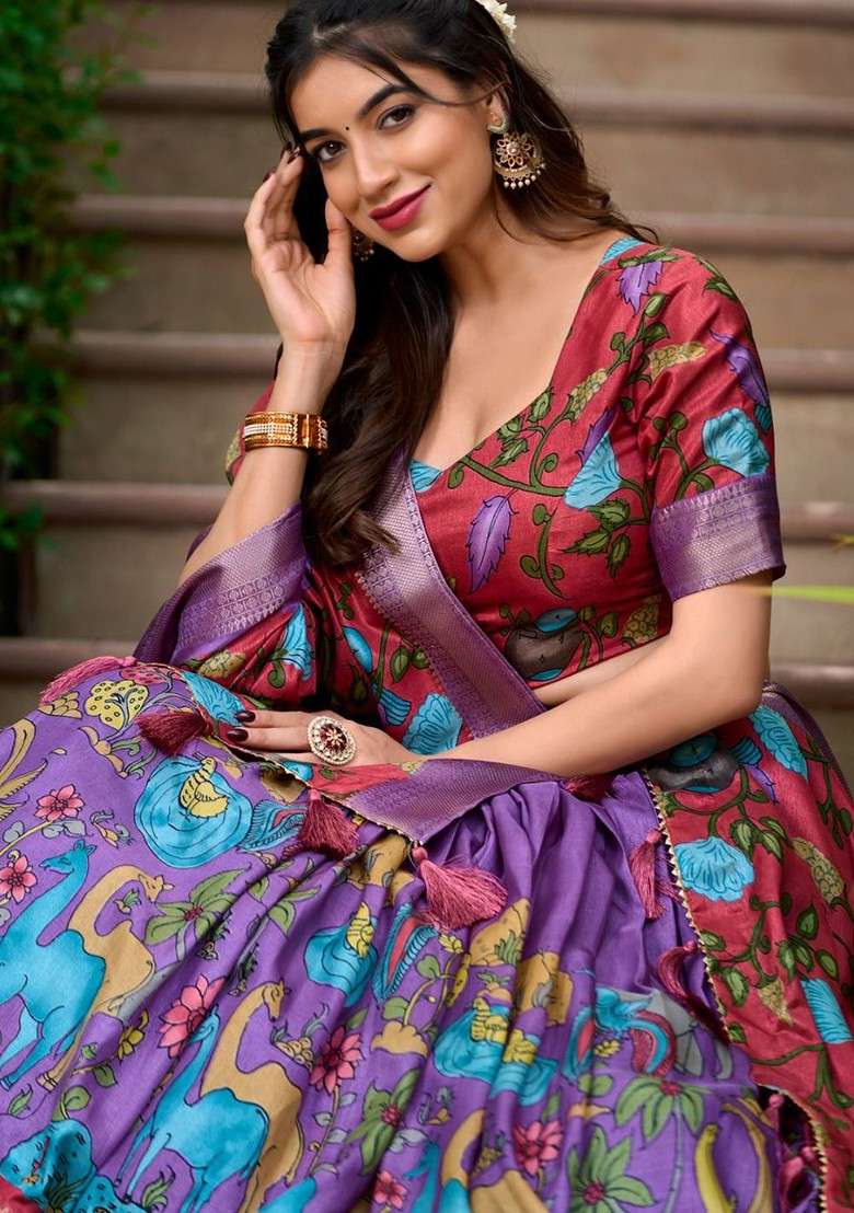 Purple Printed Blended Lehenga Choli - Indya