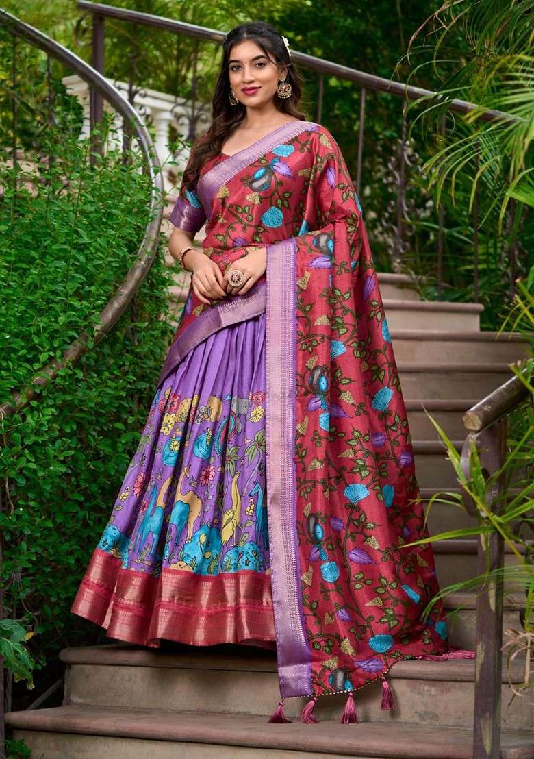 Purple Printed Blended Lehenga Choli - Indya