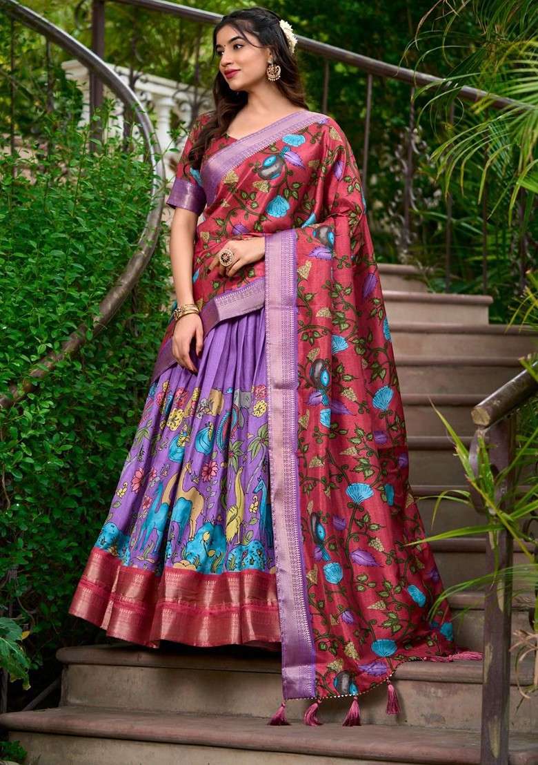 Purple Printed Blended Lehenga Choli - Indya
