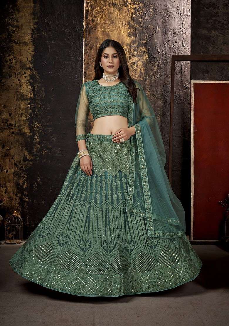 Green Emboridered Blended Lehenga Choli - Indya