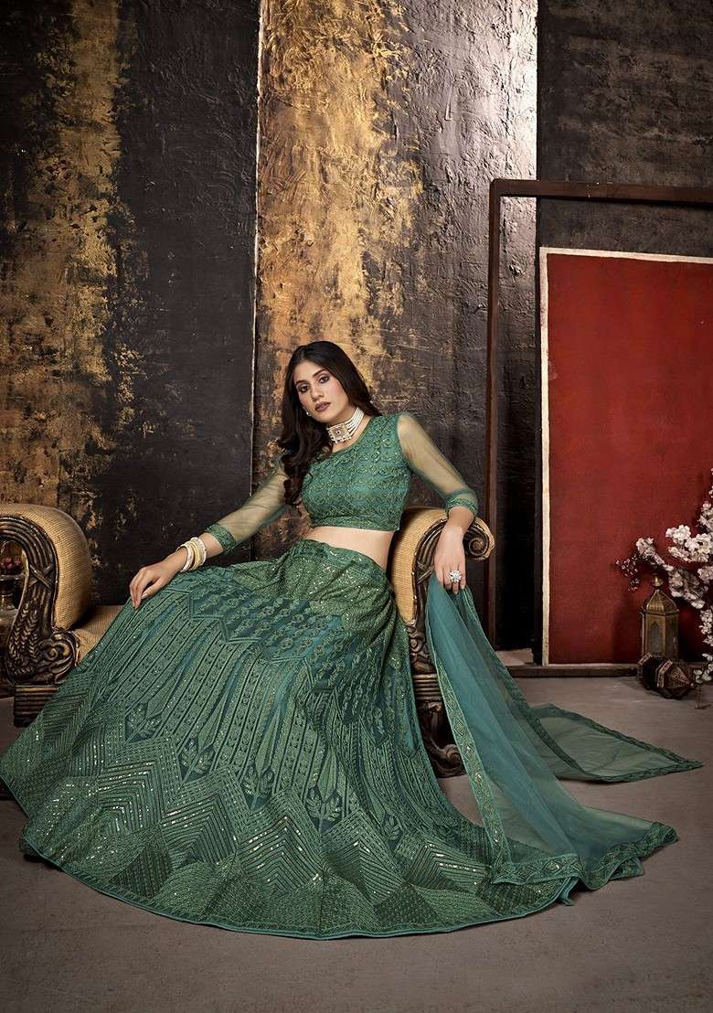 Green Emboridered Blended Lehenga Choli - Indya