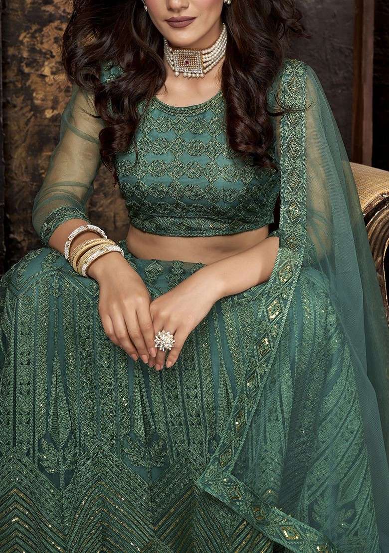 Green Emboridered Blended Lehenga Choli - Indya