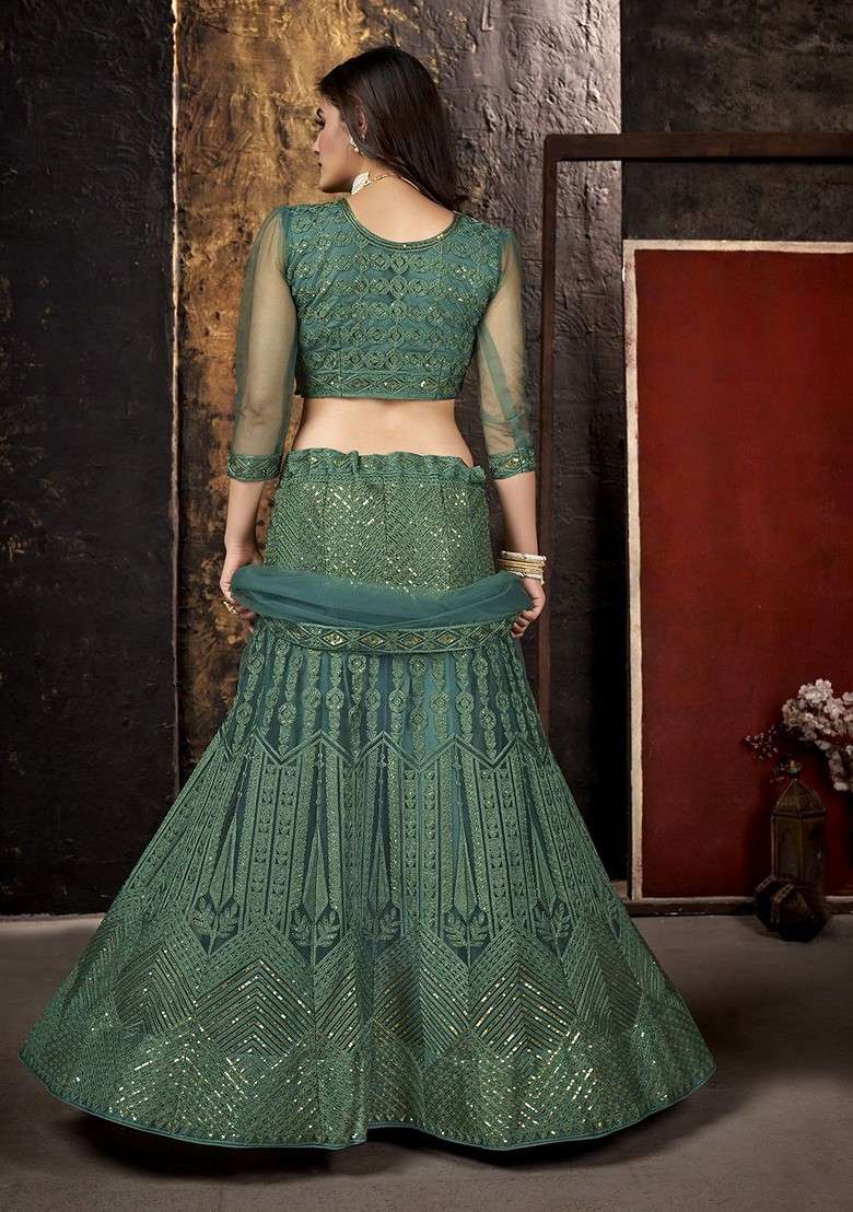 Green Emboridered Blended Lehenga Choli - Indya
