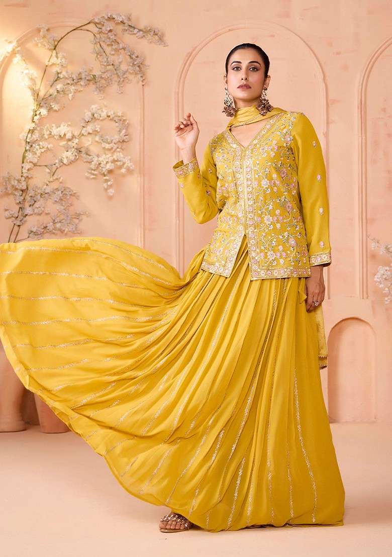 Yellow Emboridered Blended Lehenga Choli for Diwali and Festive Wear - Indya