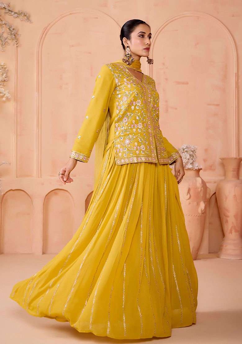 Yellow Emboridered Blended Lehenga Choli for Diwali and Festive Wear - Indya