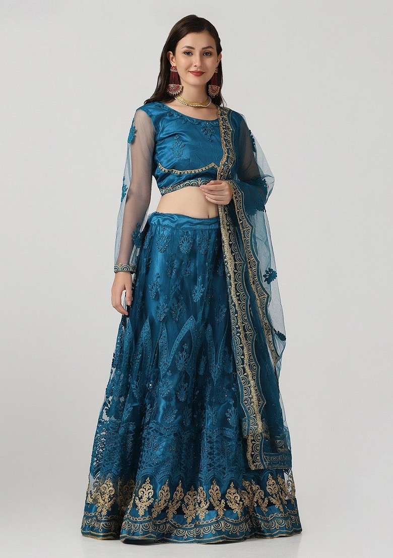 Blue Emboridered Blended Lehenga Choli - Indya