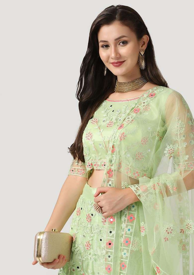 Green Emboridered Blended Lehenga Choli - Indya