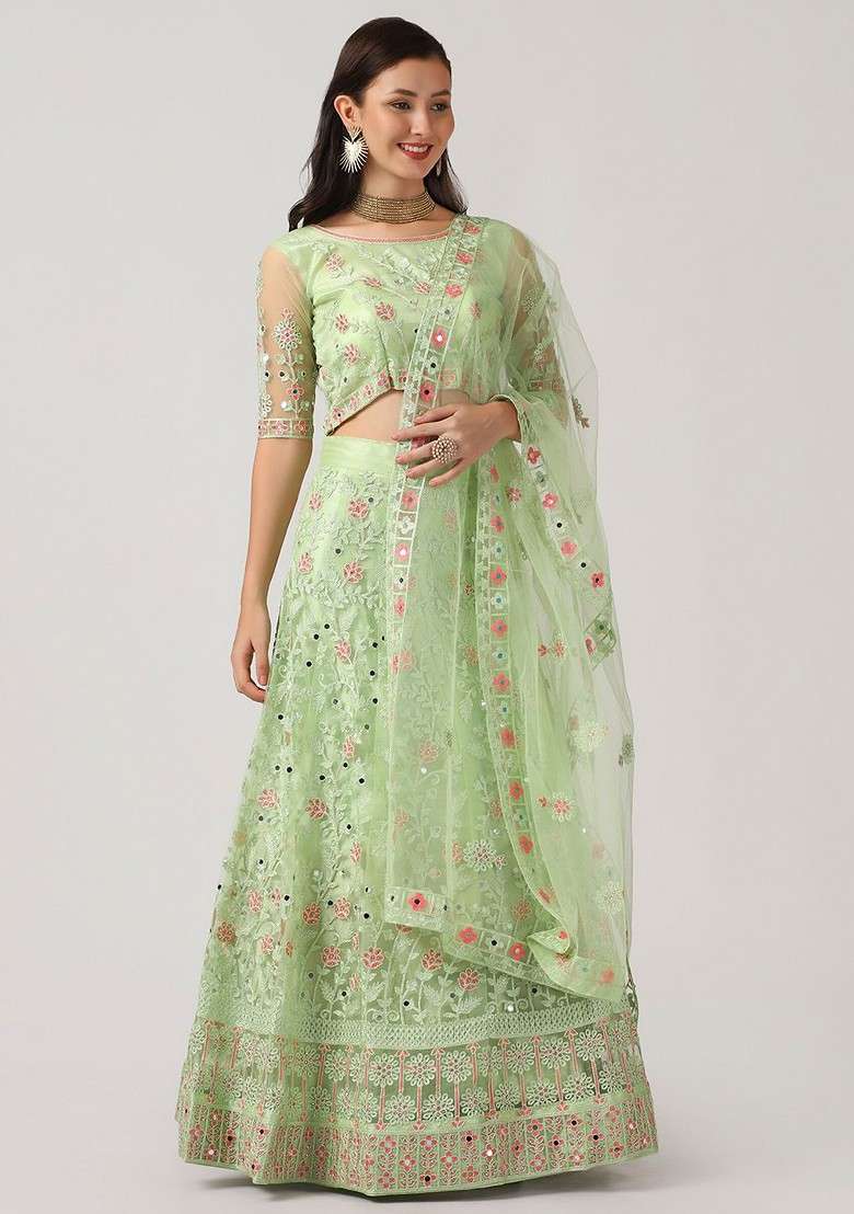 Green Emboridered Blended Lehenga Choli - Indya