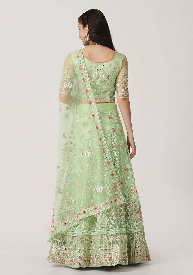 Green Emboridered Blended Lehenga Choli - Indya
