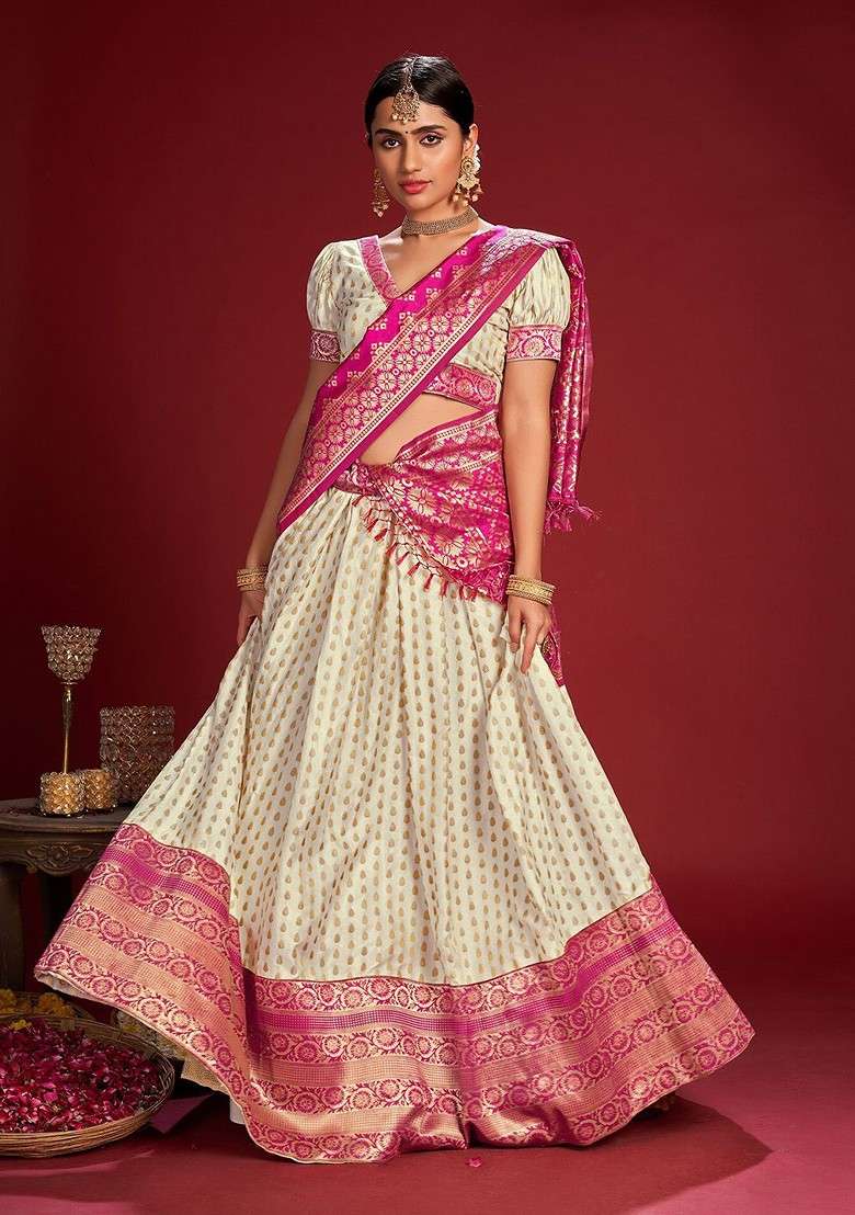 White Woven Design Blended Lehenga Choli - Indya