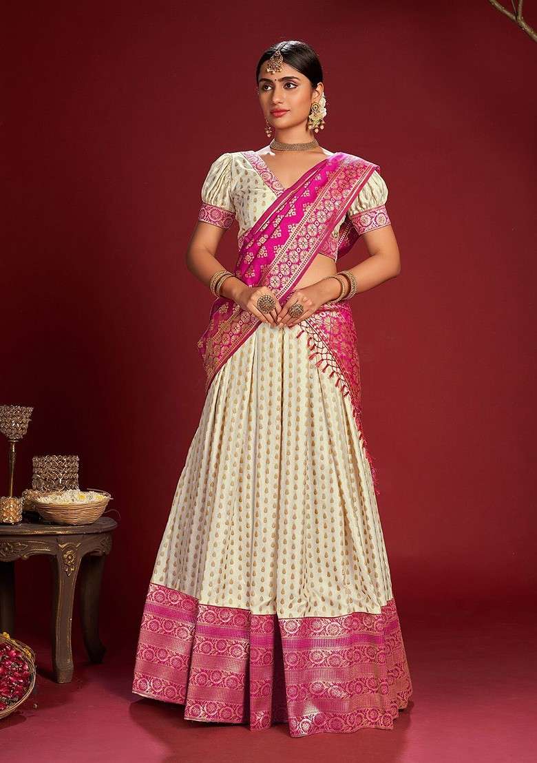 White Woven Design Blended Lehenga Choli - Indya