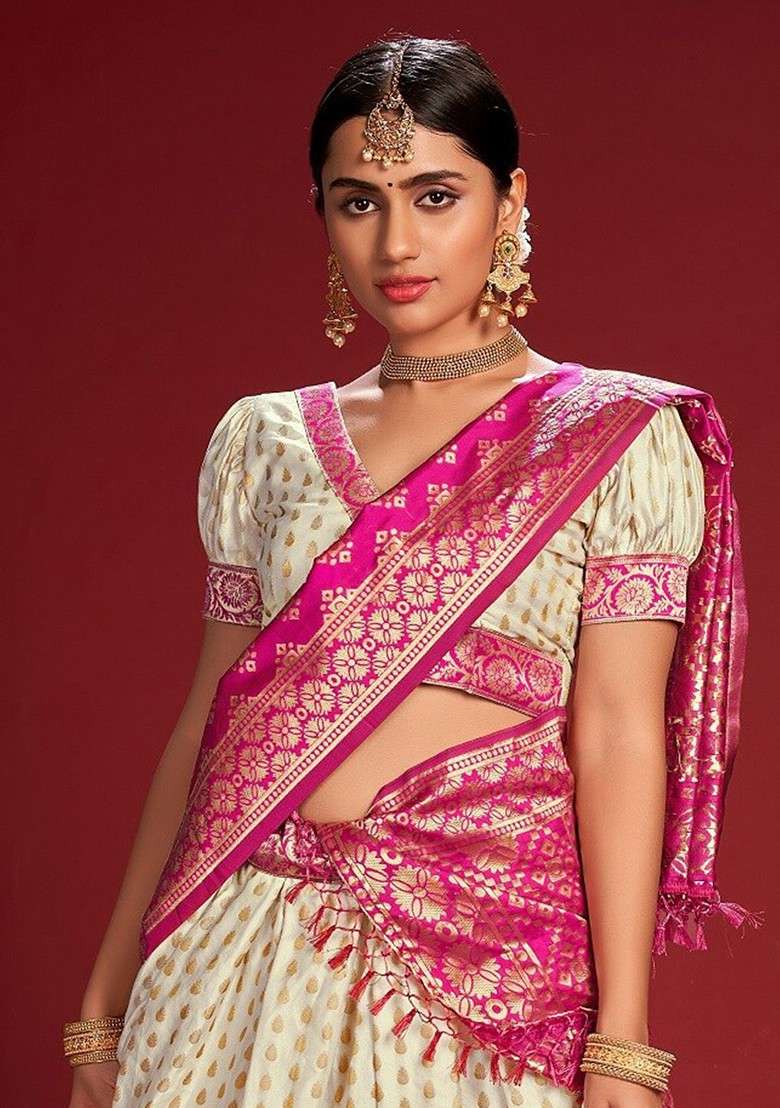 White Woven Design Blended Lehenga Choli - Indya