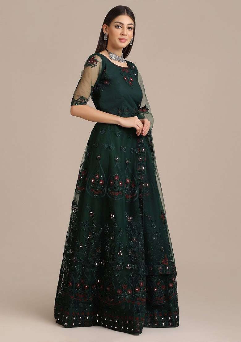 Green Emboridered Blended Lehenga Choli - Indya